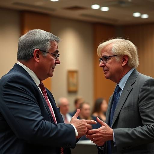 Dos personas participando en un debate formal.